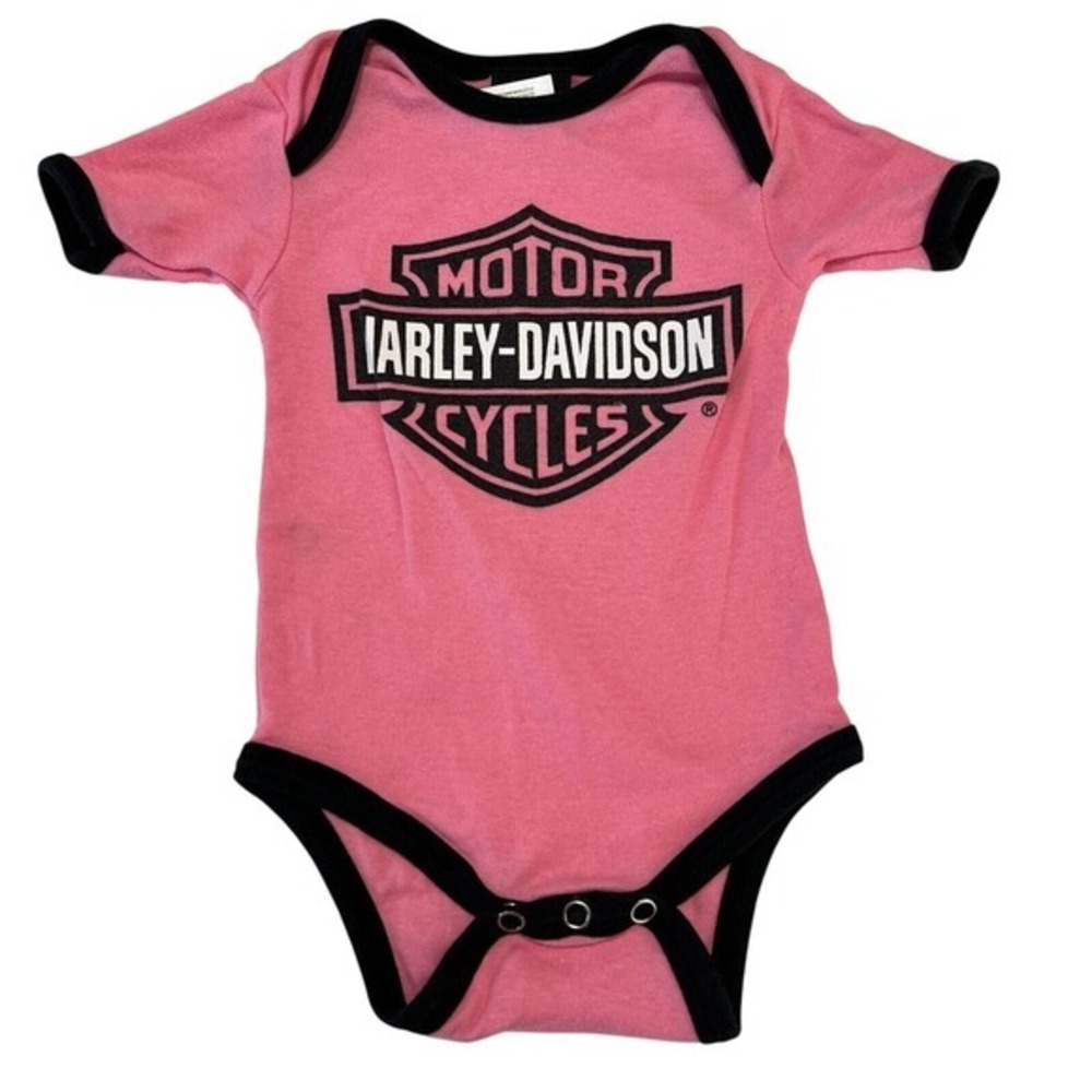 Harley Davidson Bar Shield Logo Pink Ringer Casual Bodysuit Creeper Romper 3/6M